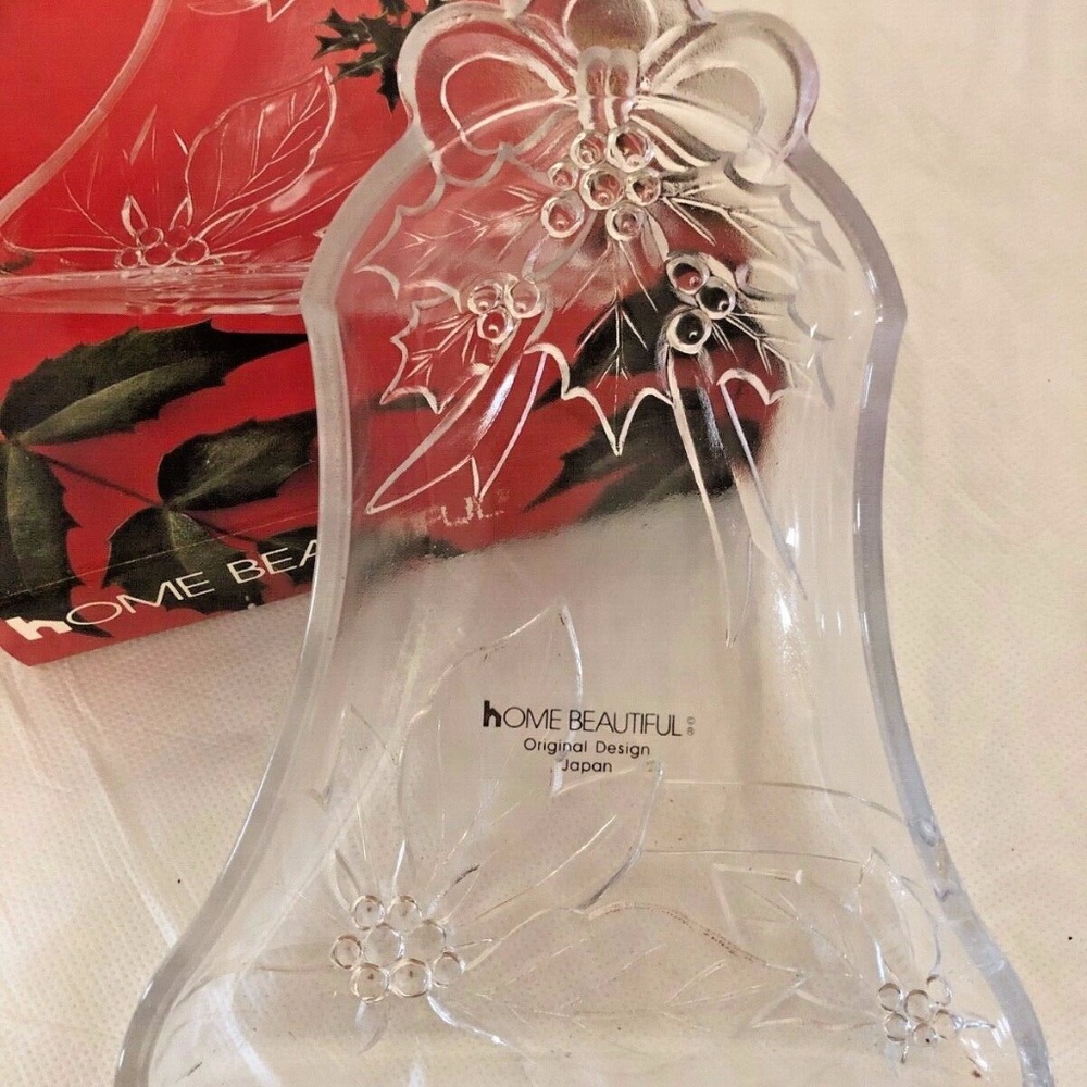 Home Beautiful Happy Holidays Christmas Bell Candy Dish 7.5" Glass Poinsettia